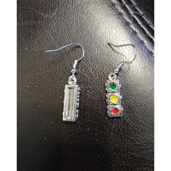 Stop Light Earrings Silver Dangle Red Green Yellow - Picture 8 of 8